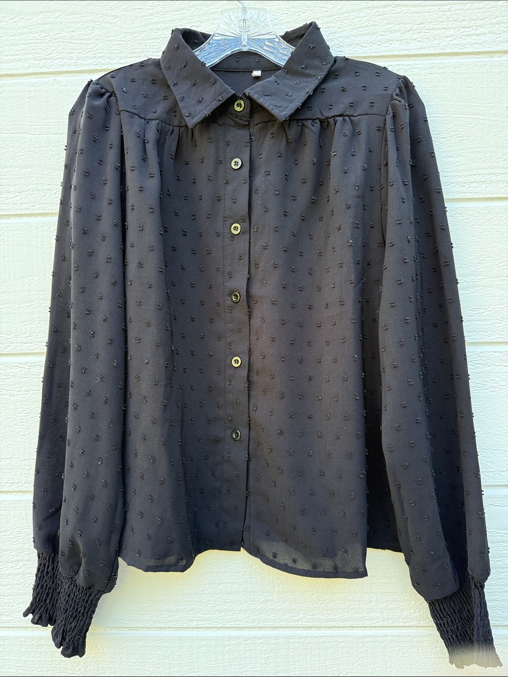 “Black” Swiss Dot Button-Front Blouse with pleated sleeves.  Light and flowy.